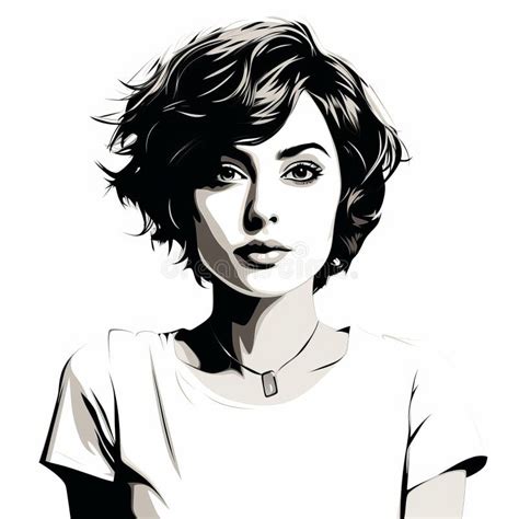 Charming Black And White Vector Art Of A Woman With Short Hair Stock