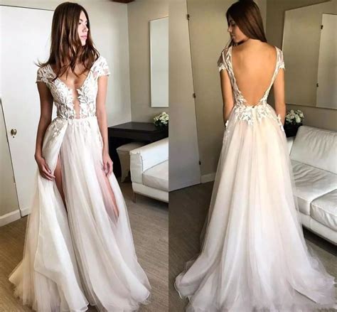 Discount Berta 2018 Backless Bohemian Wedding Dresses Sexy High Side Split Sheer V Neck Lace