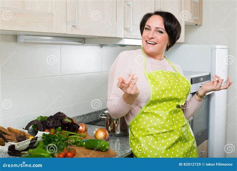 Portrait Of Cooking Brunette Housewife In Apron Stock Image Image Of