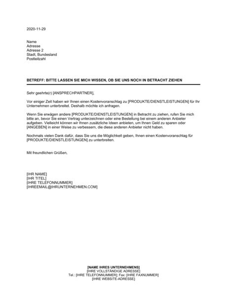 Klassenarbeiten zum thema briefe für die klasse 5, klasse 6 und klasse 7. Anfrage zum letzten Kostenvoranschlag - Vorlagen und ...