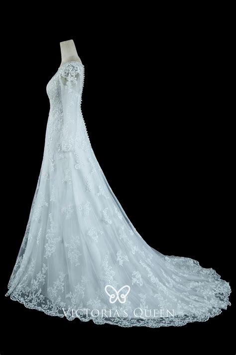 Beaded Pearled Lace Illusion Long Sleeve Wedding Gown Vq