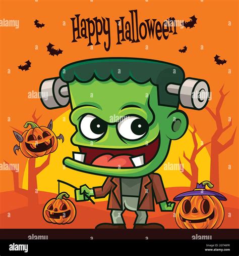 Happy Halloween Cartoon Cute Zombie Holding Orange Pumpkin Lantern On