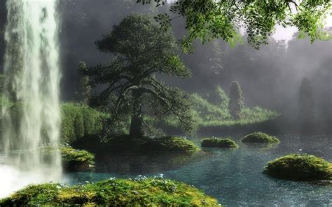 Misty Glade Landscape Wallpaper Fantasy Landscape Forest Waterfall