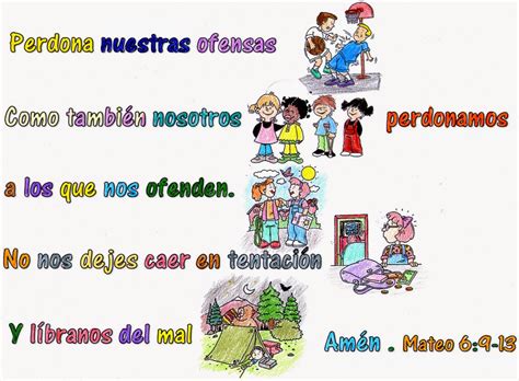 Adre nuestro que estás en los cielos santificado sea tu nombre venga tu reino hágase tu voluntad en la tierra como en el cielo danos hoy el pan de este día y perdona nuestras deudas como nosotros. Desde mi rincón de religión: Padre Nuestro