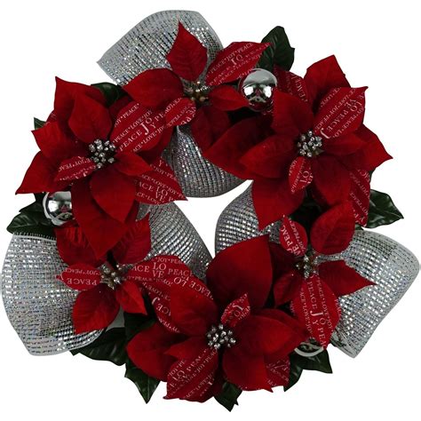 Holiday Time Christmas Decor 18 Red Silver Poinsettia Wreath