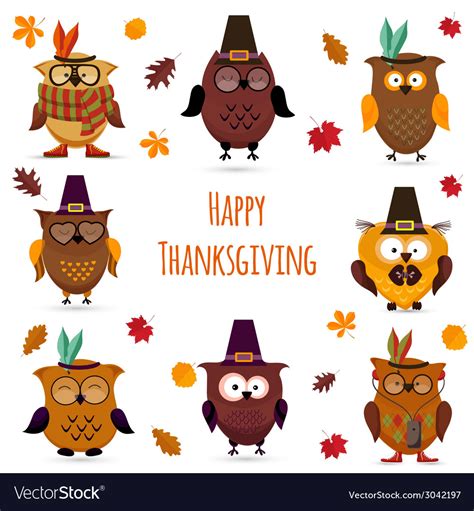 Thanksgiving Day Cute Owl Set Royalty Free Vector Image