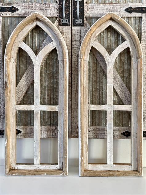Two Architectural Cathedral Arch Window Frames Wooden Wall Decor