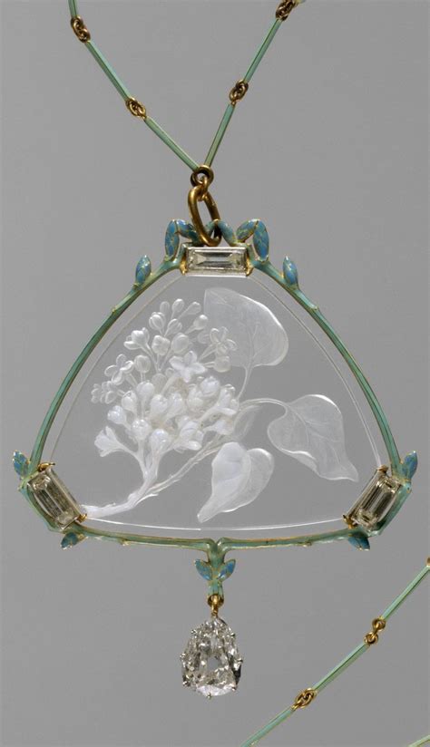 An Art Nouveau Gold Enamel Glass And Diamond Pendant With Chain By René Jules Lalique Circa