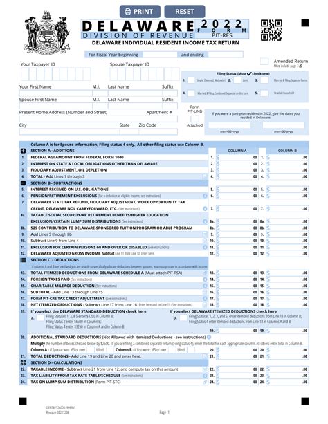 Form Pit Res Download Fillable Pdf Or Fill Online Delaware Individual Resident Income Tax Return