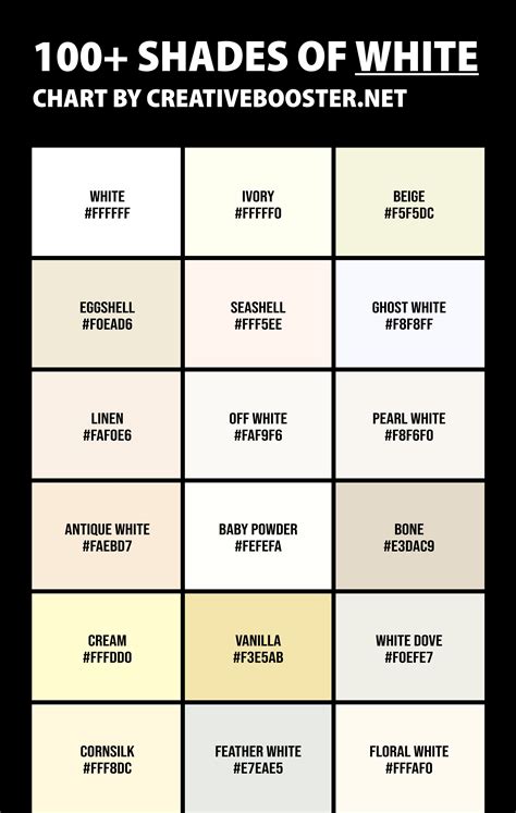 100 Shades Of White Color Names Hex Rgb And Cmyk Codes Shades Of