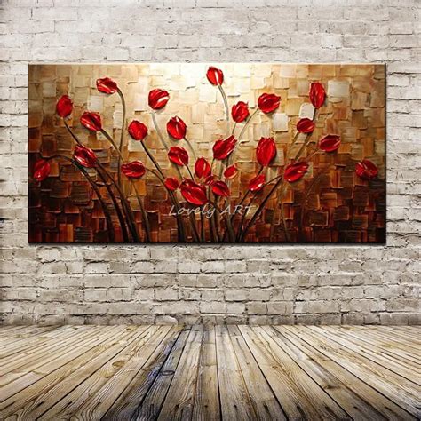 100 Hand Painted Textured Palette Knife Red Flower Oil Painting Abstract Modern Canvas Wall Art
