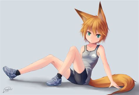 Wallpaper Anime Girls Animal Ears Foxgirl Legs Aqua Eyes Short