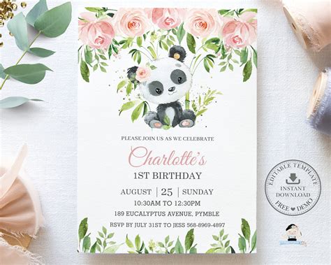 Cute Panda Birthday Invitation Editable Template Pink Floral Etsy