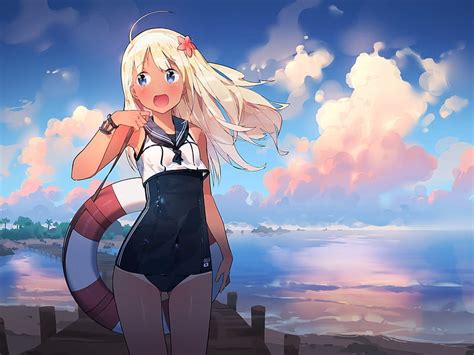 Niña Playa Anime Verano Chica Anime Cielo Mar Bikini Fondo De