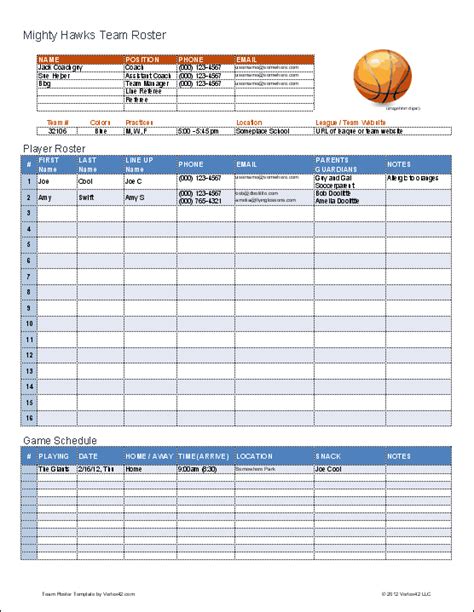Basketball Team Roster Template For Excel