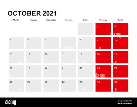 2021 Octubre Diseño Del Calendario Del Planificador La Semana Comienza El Lunes Ilustración