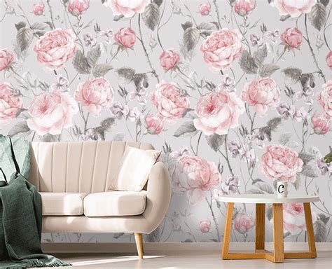 Floral Wallpaper Vintage Gray Pink Roses Wall Paper Peel And Etsy