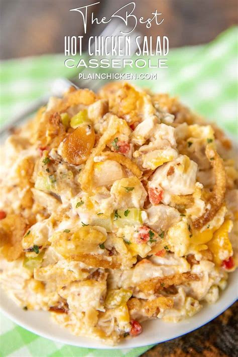In a large bowl, add chicken, water chestnuts, celery, almonds, pimentos and onion. The BEST Hot Chicken Salad - Plain Chicken