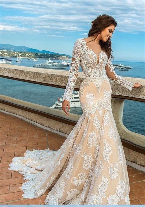 Champagne Long Sleeve Wedding Dress With Ivory Lace