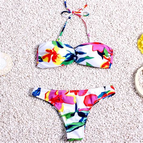 Sexy Cross Bandage Bikini Bra Topless Swimwear Women Floral Print Thong Bottom Tropical