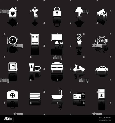 General Home Stay Icons With Reflect On Black Background Stock Vector