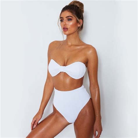 2018 Sexy Solid Strapless Bathing Suit Swimsuit Women Bikini Set Push Up Bow High Waist Bikini