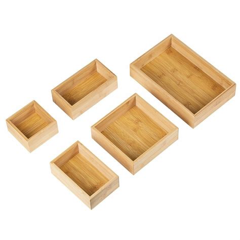5 Piece Bamboo Drawer Organiser Durable Storage Box Set Assorted Sizes