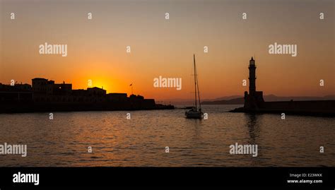 Sailboat At Sunset Chania Harbour Crete Greece Stock Photo Alamy