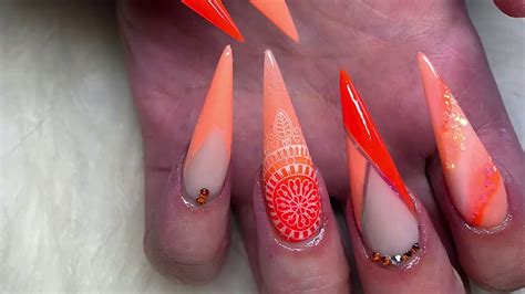 Bight Summer Acrylics ~ Orange Nails ~ Colour Block ~ Long Stiletto Nails 💅🏻 Youtube