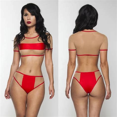 2016 micro yarn partchwork colorblock bandage bikini set swimsuit see through swimwear for women