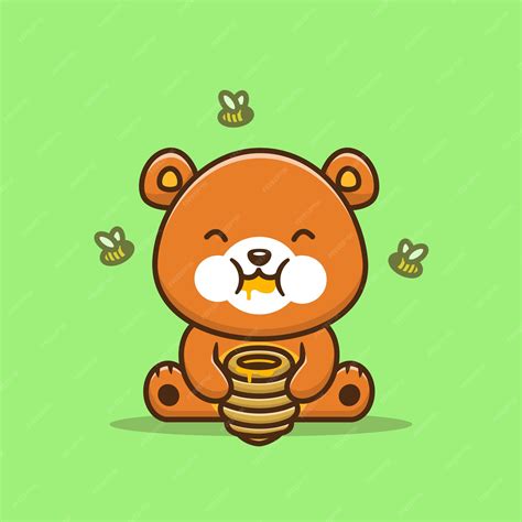 Premium Vector Cute Bear Eating Honey With Bee Cartoon Icon