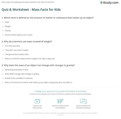 Quiz And Worksheet Mass Facts For Kids