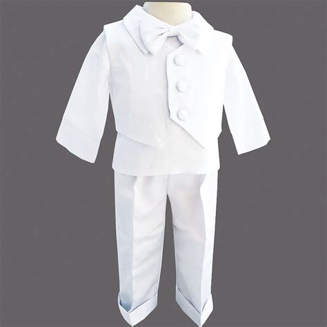 Ensemble Baptême Garçon En Satin Brillant Blanc 3 Pièces Louis