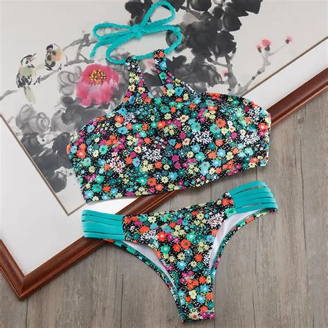 Melphieer Bikini 2018 Women Brazilian Swimwear High Neck Tank Crop Swimsuit Bandage Bathing
