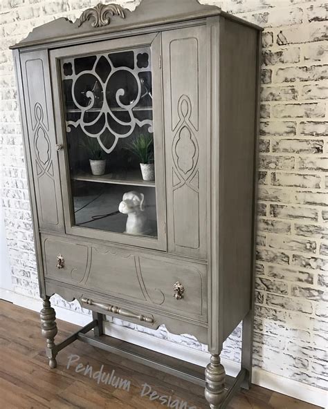 Small Antique China Cabinet Painted Gray Glazed And Highlighted With