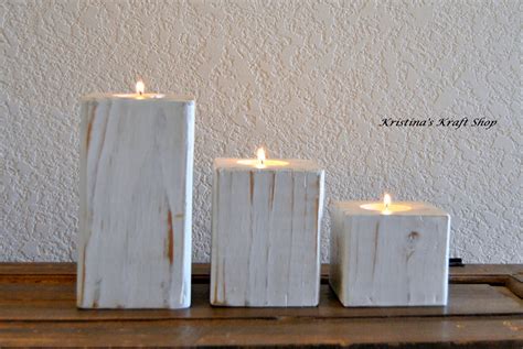Set Of 3 Wood Rustic Block Tealight Candle Holders