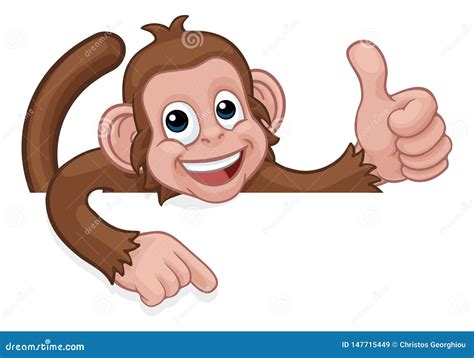 Monkey Cartoon Animal Pointing Thumbs Up Sign Stock Vector