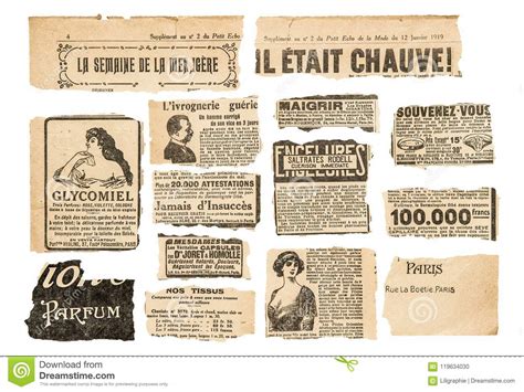 Newspaper Pieces Vintage Advertising French Magazine Pages Stock Photo