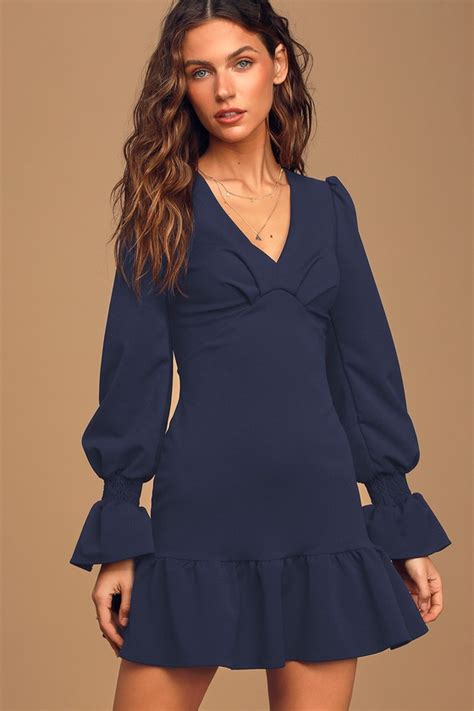 Navy Blue Long Sleeve Dress Smocked Dress Ruffled Mini Dress Lulus