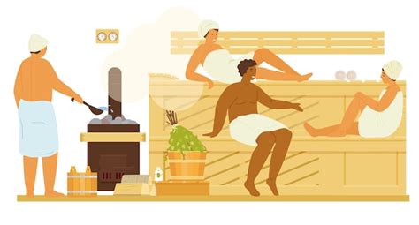 Premium Vector Men And Women In Towels In Sauna Or Banya With Steam Relaxing Bathhouse