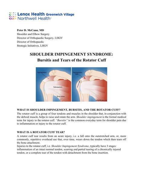 Shoulder Impingement Syndrome Bursitis And Tears Of The Rotator Cuff