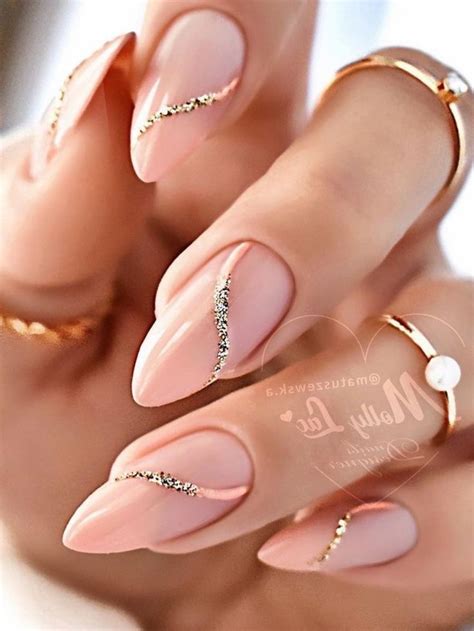 Nude Almond Nails With 3D Glitter Line Accent Elegant Nails Classy