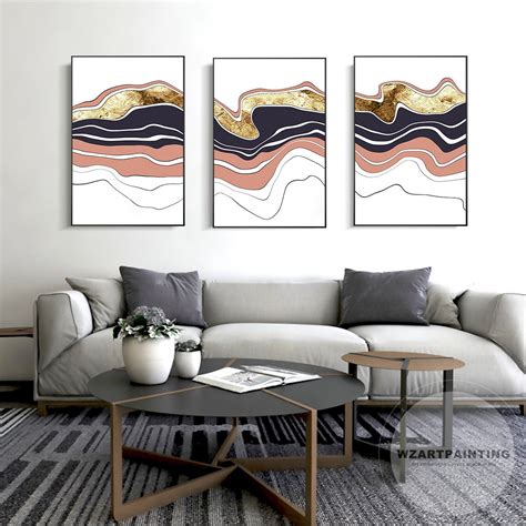 Framed Wall Art Set Of 3 Prints Abstract Orange Gold Navy Blue Ocean