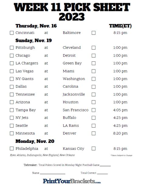 Printable Nfl Schedule Week 11 Customize And Print