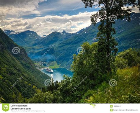 Aerial Panorama View To Geiranger Fjord From Trollstigen Norway Stock