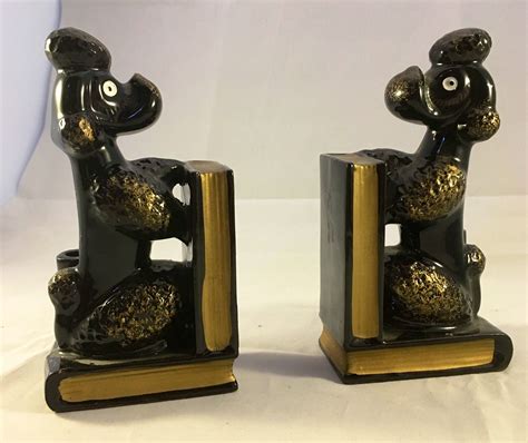 Mid Century Vintage Bookends Ceramic Poodle Dog Black And Gold Etsy