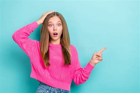 Portrait Of Impressed Astonished Girl Long Hairdo Wear Pink Pullover