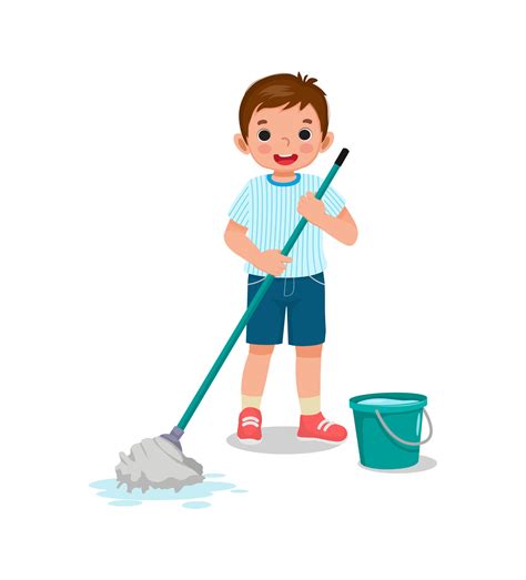 Happy Little Boy Holding Mop And Bucket Cleaning Floor Doing Housework