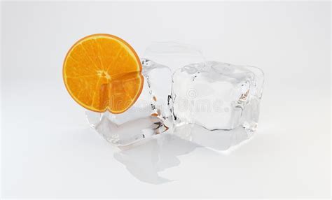 Slice Orange Frozen In Ice Cube 3d Rendering Stock Illustration
