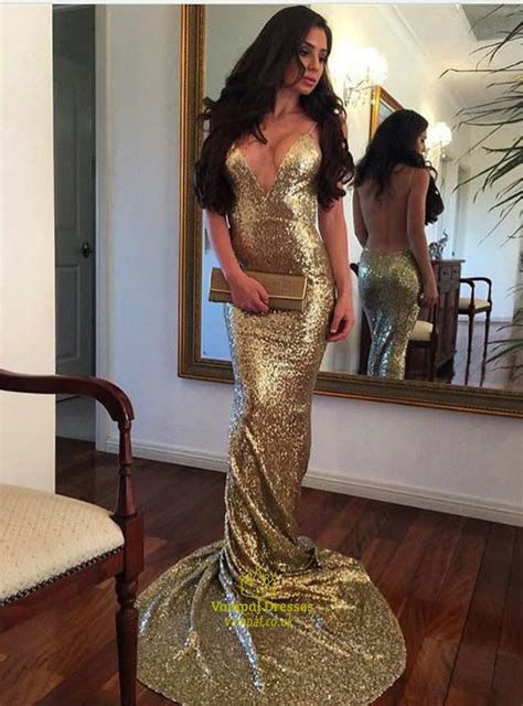Sexy Gold Sequin Deep V Neck Spaghetti Strap Prom Dress With Open Back Vampal Dresses